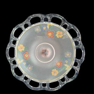 Vtg Pink Satin Frosted Glass Footed Plate Reverse Painted Floral Gold Trim